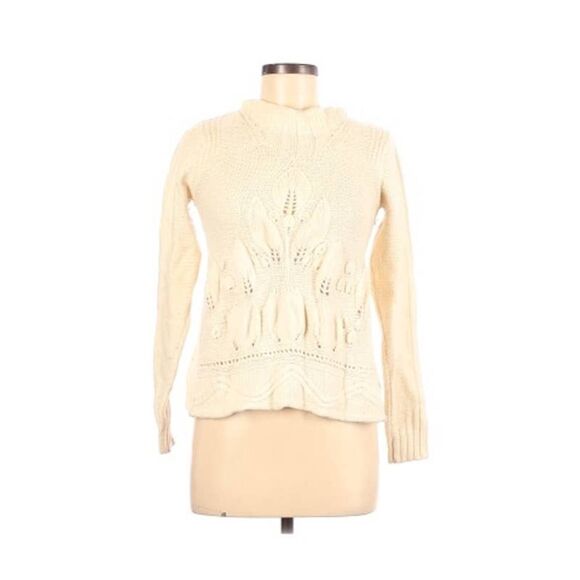 Anthropologie Rosie Neira Cream Round Neck Wool upraised knit Sweater womens L - Picture 9 of 9